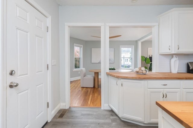 27 Round Hill St, Boston, MA 02130 - kitchen featuring butcher block countertops, light wood finished floors, healthy amount of natural light, and white cabinetry