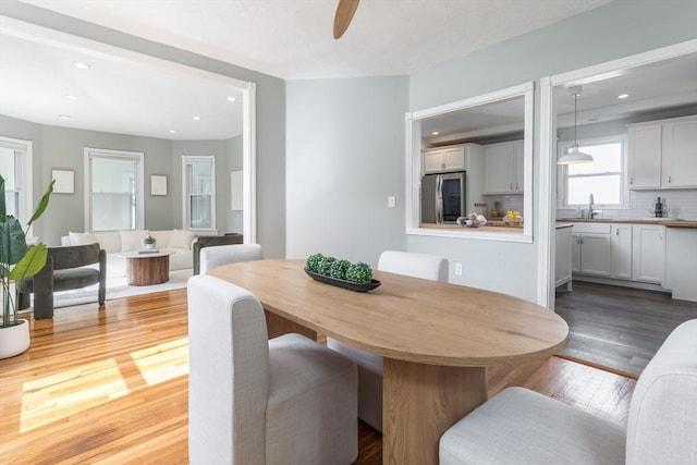 27 Round Hill St, Boston, MA 02130 - dining space with wood finished floors, recessed lighting, and ceiling fan
