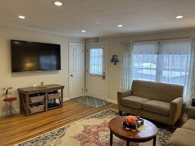 living room with ornamental molding and wood-type flooring