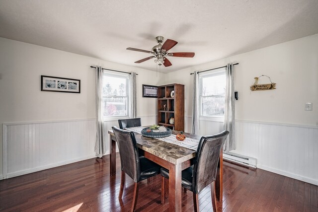 dining space featuring a baseboard radiator, a wealth of natural light, ceiling fan, and dark hardwood / wood-style flooring