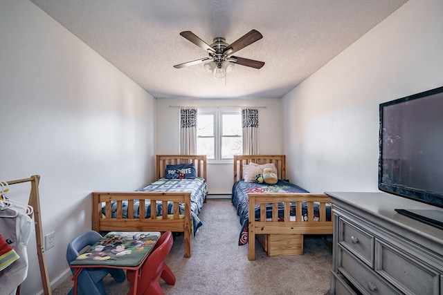 bedroom with a textured ceiling, a baseboard radiator, light carpet, and ceiling fan