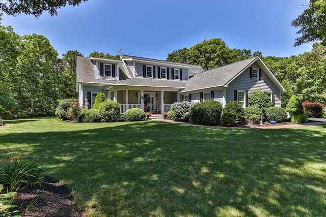 view of front of home with covered porch and a front yard