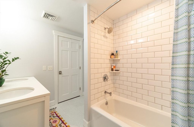 79 Henderson St, Needham, MA 02492 - bathroom featuring shower / bath combo, tile patterned floors, and double vanity