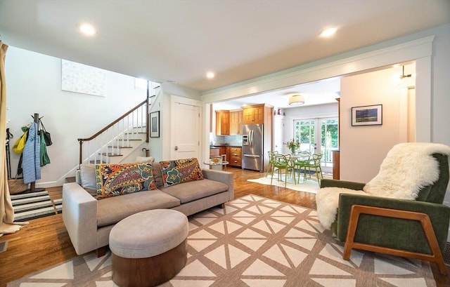 79 Henderson St, Needham, MA 02492 - living area featuring stairway, light wood-type flooring, and recessed lighting
