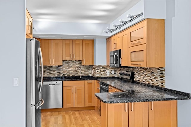 250 Hammond Pond Pkwy Unit 409S, Newton, MA 02467 - kitchen featuring stainless steel appliances, a peninsula, light wood-style flooring, tasteful backsplash, and light brown cabinetry