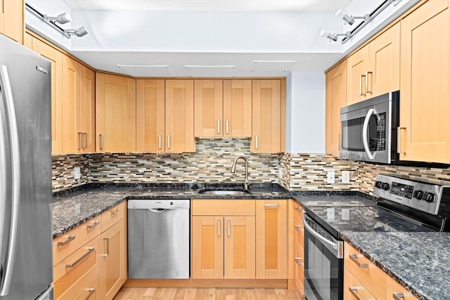 250 Hammond Pond Pkwy Unit 409S, Newton, MA 02467 - kitchen with appliances with stainless steel finishes, light brown cabinets, and dark stone countertops