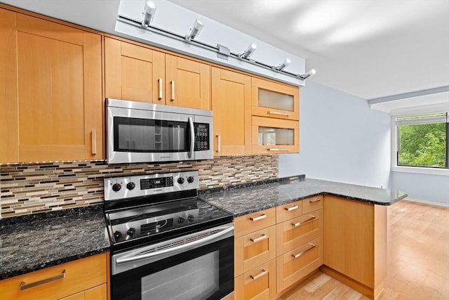 250 Hammond Pond Pkwy Unit 409S, Newton, MA 02467 - kitchen with stainless steel appliances, a peninsula, light wood finished floors, dark stone countertops, and decorative backsplash