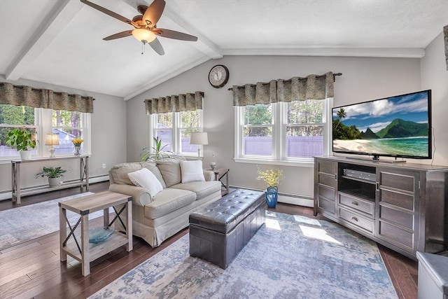 10 Briarcliff Ln, Paxton, MA 01612 - living room featuring baseboard heating, dark wood-style flooring, ceiling fan, and a baseboard heating unit