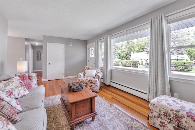 10 Briarcliff Ln, Paxton, MA 01612 - living room featuring a baseboard radiator, light wood-style floors, and baseboards