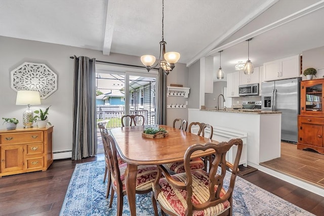 10 Briarcliff Ln, Paxton, MA 01612 - dining room featuring beamed ceiling, dark wood-style floors, a chandelier, and a baseboard heating unit