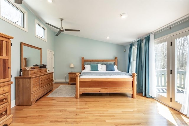bedroom featuring light wood-style flooring, a baseboard radiator, ceiling fan, recessed lighting, and access to outside