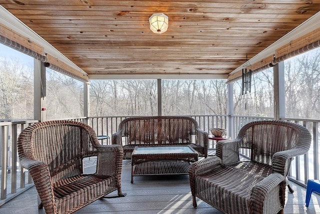 sunroom featuring a wealth of natural light and wooden ceiling