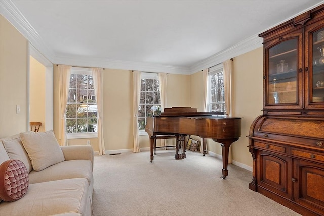 miscellaneous room with light carpet and crown molding