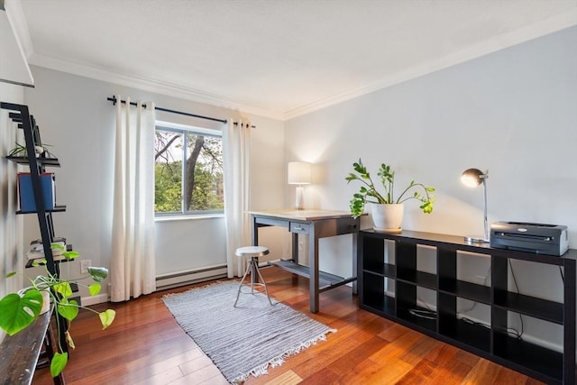 living area featuring ornamental molding, a baseboard heating unit, and dark hardwood / wood-style flooring