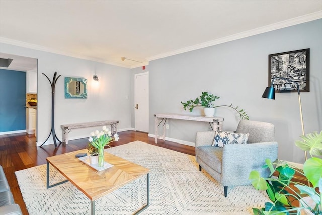 living room featuring wood-type flooring and ornamental molding