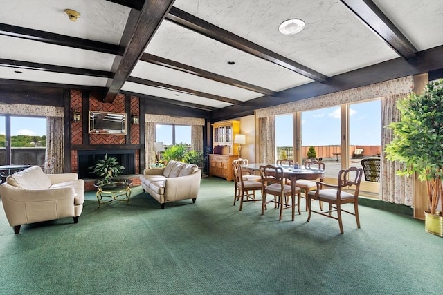 dining space featuring vaulted ceiling with beams and carpet flooring