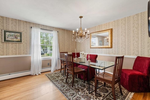 dining area with a chandelier, wallpapered walls, and wood finished floors