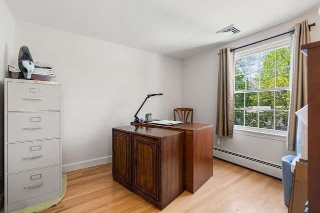 office area with plenty of natural light, light wood-type flooring, visible vents, and a baseboard radiator