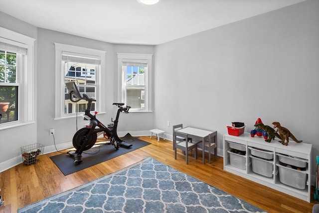 exercise room featuring plenty of natural light, wood finished floors, and baseboards