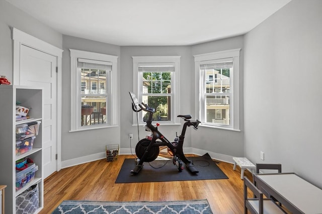 exercise room featuring baseboards and wood finished floors