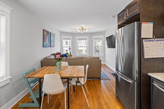 dining room featuring light wood finished floors and baseboards