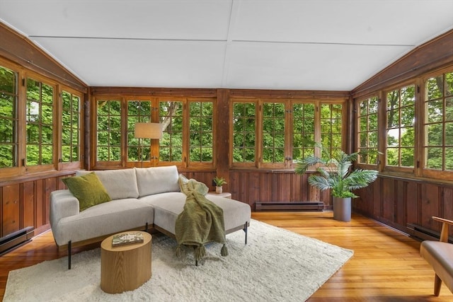 50 Grove Hill Park, Newton, MA 02460 - sunroom with wood walls, baseboard heating, lofted ceiling, and wood finished floors
