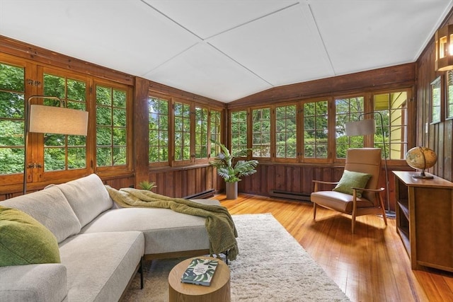 50 Grove Hill Park, Newton, MA 02460 - sunroom / solarium with french doors, wood-type flooring, a baseboard heating unit, and wooden walls