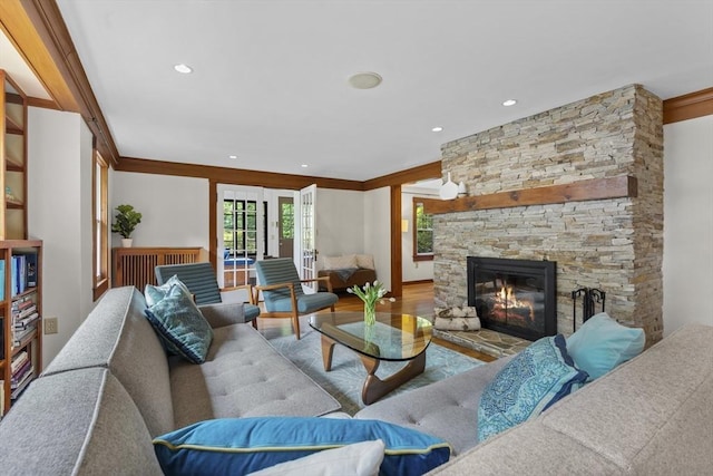 50 Grove Hill Park, Newton, MA 02460 - living room featuring crown molding, recessed lighting, wood finished floors, and a fireplace