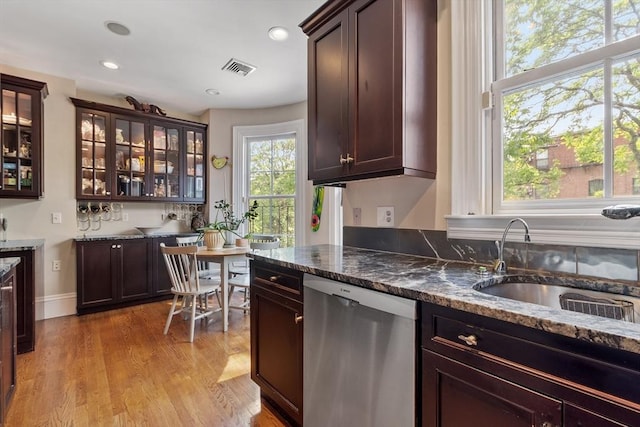 38 Concord Sq Unit 2, Boston, MA 02118 - kitchen featuring dishwasher, dark stone counters, dark brown cabinets, light wood-style flooring, and recessed lighting
