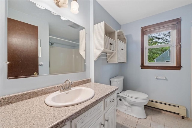 61 Mattawa Cir, Orange, MA 01364 - bathroom featuring a baseboard radiator, tile patterned flooring, vanity, and a shower
