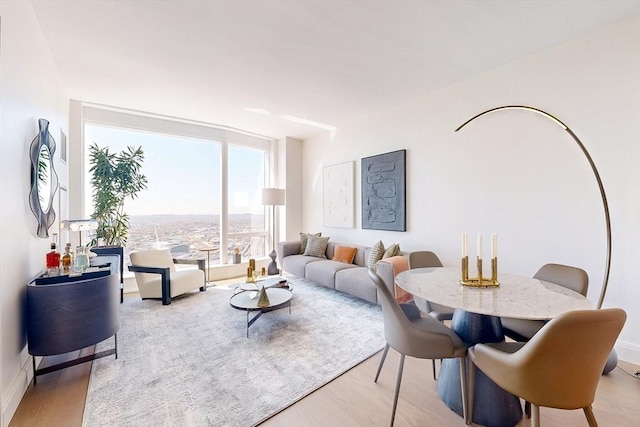 living area featuring baseboards, wood finished floors, and expansive windows