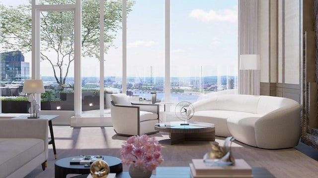 living area featuring a city view