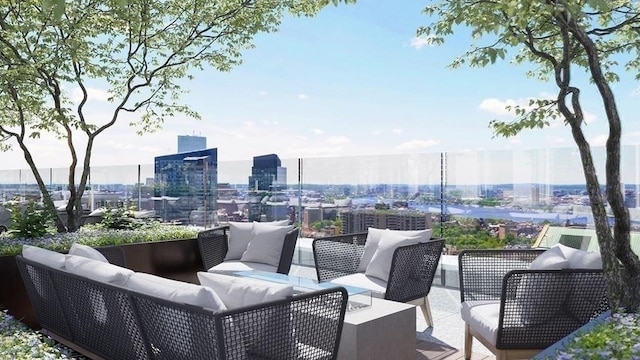 view of patio featuring an outdoor living space and a city view
