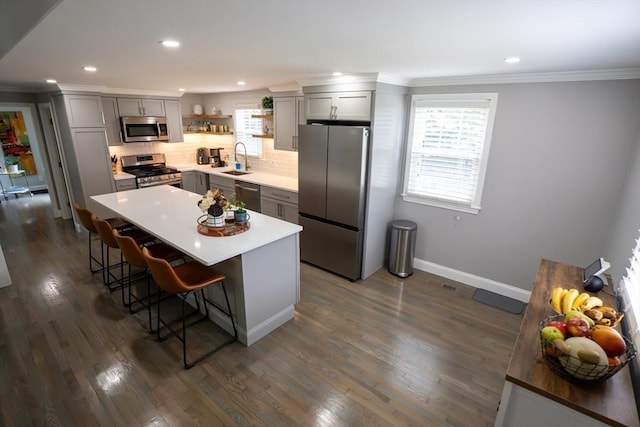 796 Foundry St, Easton, MA 02375 - kitchen featuring stainless steel appliances, open shelves, gray cabinetry, a kitchen breakfast bar, and ornamental molding