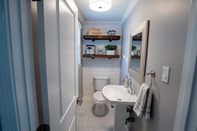 796 Foundry St, Easton, MA 02375 - half bathroom with marble look tiles and ornamental molding