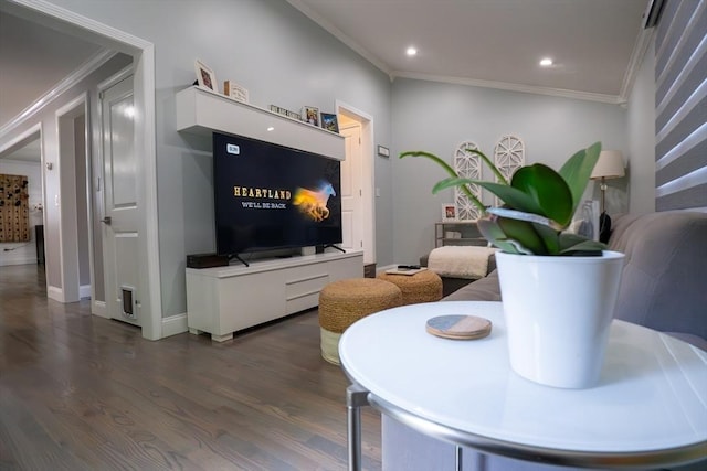 796 Foundry St, Easton, MA 02375 - living area featuring crown molding, dark wood-style flooring, and recessed lighting