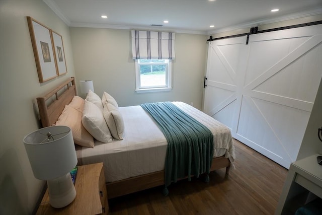 796 Foundry St, Easton, MA 02375 - bedroom with ornamental molding, dark wood finished floors, recessed lighting, and a barn door