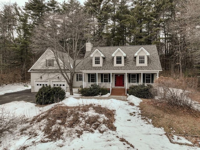 new england style home with aphalt driveway, covered porch, a garage, a shingled roof, and a chimney