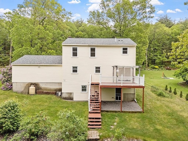 71 Johnny Appleseed Ln, Leominster, MA 01453 - rear view of property featuring stairs, a pergola, a wooden deck, a yard, and cooling unit