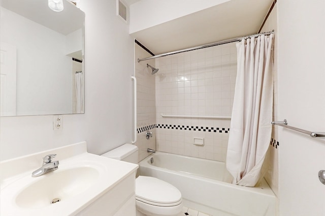 full bathroom with toilet, vanity, and shower / bath combo with shower curtain