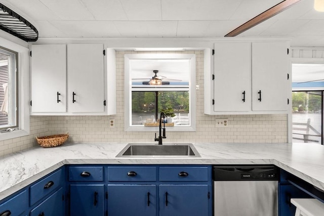 11 Hamilton Dr, Holland, MA 01521 - kitchen with dishwasher, a sink, blue cabinetry, and decorative backsplash
