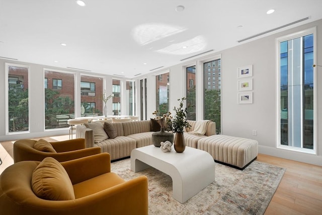 living room with a healthy amount of sunlight and light wood-type flooring