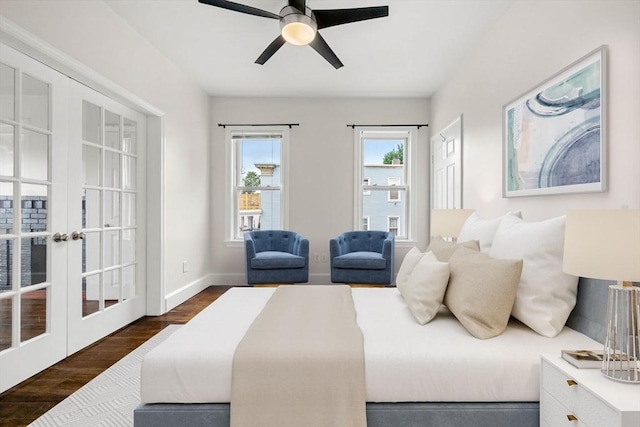 bedroom with dark wood-type flooring, french doors, and ceiling fan