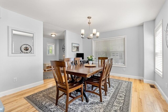 10 Brickett Ave, Haverhill, MA 01830 - dining area featuring a chandelier, light wood-style flooring, and baseboards