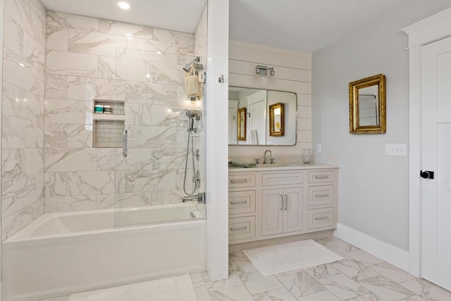 27 Gully Ln, Sandwich, MA 02537 - full bathroom with vanity, marble finish flooring, washtub / shower combination, and recessed lighting