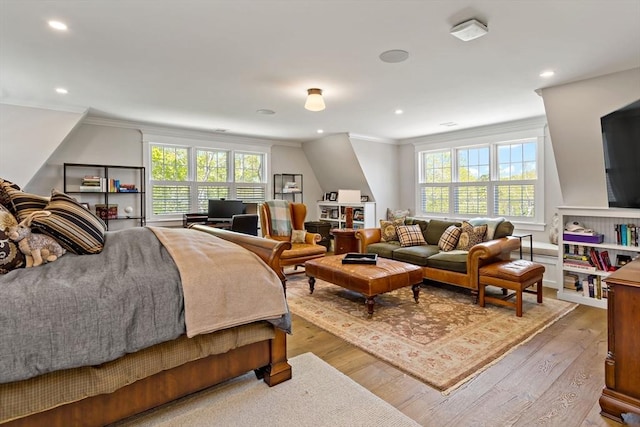 27 Gully Ln, Sandwich, MA 02537 - bedroom featuring wood finished floors, multiple windows, ornamental molding, and recessed lighting