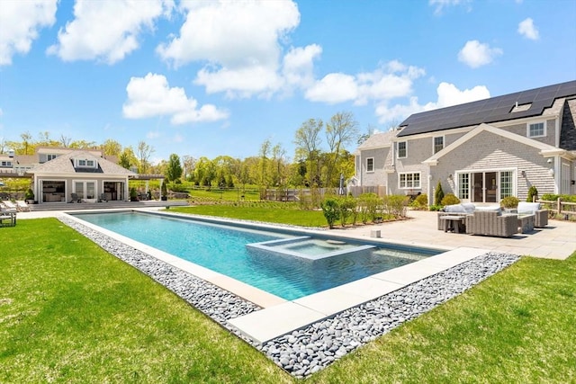 27 Gully Ln, Sandwich, MA 02537 - view of pool featuring outdoor lounge area, a patio, a storage structure, an outbuilding, and a pool with connected hot tub
