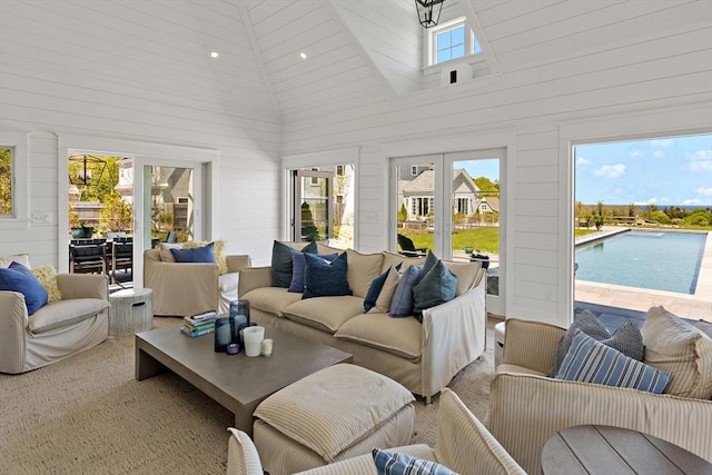 27 Gully Ln, Sandwich, MA 02537 - living room with a towering ceiling and french doors