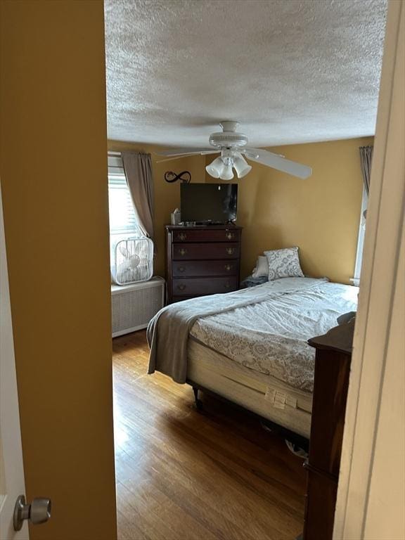 10 Marilyn Dr, Auburn, MA 01501 - bedroom with radiator heating unit, a textured ceiling, wood finished floors, and a ceiling fan