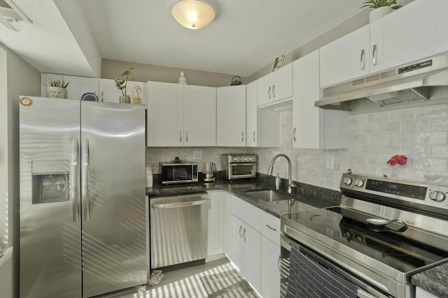 kitchen with under cabinet range hood, tasteful backsplash, stainless steel appliances, and a sink